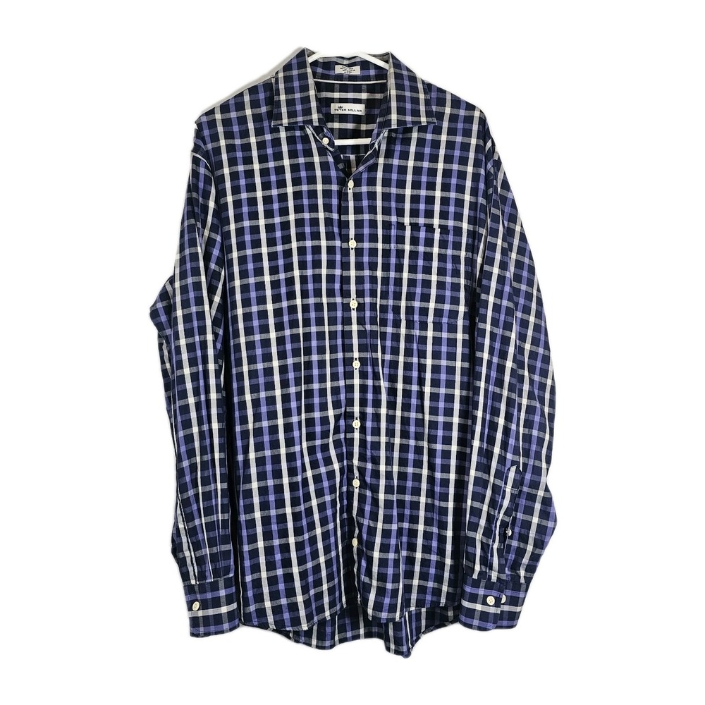 Peter Millar Mens Shirt Sz XL Cotton Silk Purple Plaid Long Sleeve Button Up EUC